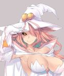  1girl alternate_color arm_up armpits bare_shoulders black_sclera blazblue blazblue:_central_fiction bonkiru breasts cape cleavage closed_mouth collarbone detached_sleeves gloves grey_background hair_over_one_eye hand_to_hat hat highres konoe_a_mercury large_breasts long_hair looking_at_viewer palette_swap pink_hair simple_background smile solo white_gloves witch witch_hat yellow_eyes 