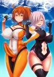  2girls alternate_costume blush bodysuit breasts censored chaldea_combat_uniform cilica cleavage closed_mouth covered_nipples curvy elbow_gloves erection erection_under_clothes fate/grand_order fate_(series) fujimaru_ritsuka_(female) futanari gloves hair_over_one_eye heart heart-shaped_pupils huge_breasts impossible_clothes large_breasts looking_at_viewer mash_kyrielight multiple_girls nipples open_mouth orange_eyes orange_hair penis ponytail purple_eyes purple_hair shiny shiny_clothes shiny_hair shiny_skin short_hair side_ponytail sky smile symbol-shaped_pupils thick_thighs thighs tied_hair 