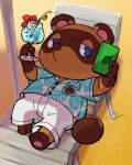  2019 absurd_res animal_crossing anthro beach beverage blue_eyes bottomwear brown_fur canid canine clothing fur hi_res holding_object humanoid_hands male mammal nintendo outside pants phone raccoon_dog sakusan_kc seaside shirt slightly_chubby solo tanuki tom_nook_(animal_crossing) topwear video_games 