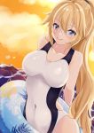  1girl blonde_hair blue_eyes blush breasts breasts_apart cloud collarbone commentary_request competition_swimsuit covered_navel dutch_angle fate/grand_order fate_(series) highres innertube jeanne_d&#039;arc_(fate)_(all) jeanne_d&#039;arc_(swimsuit_archer) large_breasts long_hair looking_at_viewer ocean one-piece_swimsuit orange_sky ponytail roriwanko sky smile solo swimsuit very_long_hair 
