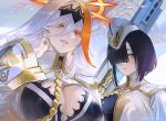  2girls aqua_hair armor baldr_(fire_emblem) black_hair breasts cleavage closed_mouth earrings fire_emblem fire_emblem_heroes garrison_cap gold_trim gun hair_ornament hair_over_one_eye hat headband heterochromia hodr_(fire_emblem) jewelry large_breasts lips long_hair maeshima_shigeki multiple_girls orange_hair parted_lips red_eyes rifle short_hair shoulder_armor smile teeth turtleneck upper_body weapon white_hair yellow_eyes 