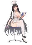  1girl absurdres alternate_costume areola_slip belt_collar black_footwear black_hair black_halo blue_archive blush breasts cleavage collar commentary_request crossed_legs gloves hair_ornament hairpin half_gloves halo hat heart heart-shaped_pupils high_heels highres holding holding_board holding_syringe kakumayu large_breasts legs long_hair looking_at_viewer mechanical_halo no_bra nurse_cap on_chair palette_swap red_eyes rio_(blue_archive) shirt simple_background sitting sleeves_past_elbows solo stethoscope stethoscope_around_neck symbol-shaped_pupils syringe thighhighs thighs tongue tongue_out variant_set very_long_hair white_background white_collar white_gloves white_shirt white_thighhighs 