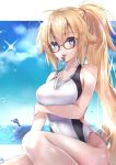  1girl ahoge black-framed_eyewear blonde_hair blue_eyes blush breast_hold breasts cloud collarbone commentary_request competition_swimsuit day dolphin eyebrows_visible_through_hair fate/grand_order fate_(series) glasses hair_between_eyes hane_yuki highres jeanne_d&#039;arc_(fate)_(all) jeanne_d&#039;arc_(swimsuit_archer) large_breasts long_hair looking_at_viewer ocean one-piece_swimsuit smile solo sparkle swimsuit thighs very_long_hair whistle whistle_around_neck 