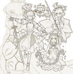  2girls ahoge armor armored_dress artoria_pendragon_(fate) bare_shoulders bow bowtie breastplate brown_outline bug butterfly caliburn_(fate) cape chibi chibi_inset closed_eyes closed_mouth crown detached_sleeves dress dual_persona fate/grand_order fate_(series) faulds fighting_stance flower fur-trimmed_cape fur_trim gauntlets greaves hair_bow head_wreath highres holding holding_flower holding_sword holding_weapon light_blush lion long_hair looking_ahead looking_at_viewer m_12170 monochrome multiple_girls multiple_views open_mouth outline ponytail profile puffy_detached_sleeves puffy_sleeves saber_(fate) saber_lily short_sleeves simple_background sleeveless sleeveless_dress smile standing sword weapon white_background 