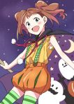  1girl :d blue_eyes blush brown_hair cape demirinz floating_hair green_legwear halloween halloween_costume idolmaster idolmaster_(classic) looking_at_viewer neck_ribbon open_mouth orange_shorts puffy_shorts purple_background red_ribbon ribbon shirt short_hair short_shorts shorts sleeveless sleeveless_shirt smile solo striped striped_legwear suspender_shorts suspenders takatsuki_yayoi thighhighs twintails yellow_shirt zettai_ryouiki 