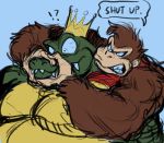  2019 angry anthro ape brown_fur clenched_teeth constricted_pupils crocodilian crown dialogue donkey_kong_(character) donkey_kong_(series) duo fur gorilla green_scales hi_res king_k._rool kremling male mammal muscular muscular_male nintendo primate reptile scales scalie skebebbb surprise teeth text video_games 