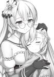  2girls azur_lane belchan_(azur_lane) belfast_(azur_lane) blush breasts closed_eyes closed_mouth edinburgh_(azur_lane) elbow_gloves eyebrows_visible_through_hair facing_another glasses gloves greyscale hand_on_another&#039;s_head highres long_hair looking_at_another medium_breasts monochrome multiple_girls neckerchief raiou smile 