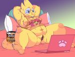  2017 4:3 alphys anthro belly big_belly bodily_fluids breasts cellulite chips_(food) clitoris clothing crumbs deep_navel digital_media_(artwork) eyewear female food genital_fluids glasses hi_res leaning leaning_back midriff navel navel_rim nipple_slip nipples no_underwear non-mammal_breasts overweight overweight_female pussy pussy_juice reptile scalie sheeplygoatus shirt solo sweat sweatdrop tank_top thick_tail thick_thighs topwear undertale video_games 