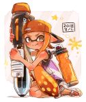  1girl backwards_hat ballpoint_splatling_(splatoon) bangs baseball_cap black_shorts blunt_bangs brown_eyes closed_mouth commentary dated diagonal-striped_background diagonal_stripes domino_mask gym_shorts harutarou_(orion_3boshi) hat holding holding_weapon ink_tank_(splatoon) inkling logo long_hair looking_at_viewer mask orange_hair orange_headwear outside_border pointy_ears sandals shirt shorts sitting sleeveless sleeveless_shirt smile solo sparkle splatoon_(series) splatoon_2 striped striped_background tan tentacle_hair wariza weapon white_footwear white_shirt 