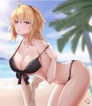  1girl :o ahoge beach bikini bikini_pull black_bikini black_hairband blonde_hair blue_eyes blush braid breasts cleavage cloud collarbone commentary_request eyebrows_visible_through_hair eyelashes fate/grand_order fate_(series) front-tie_bikini front-tie_top hair_between_eyes hairband hanging_breasts highres huge_breasts jeanne_d&#039;arc_(fate)_(all) jeanne_d&#039;arc_(swimsuit_archer) leaning_forward long_braid long_hair looking_at_viewer ocean palm_tree single_bare_shoulder single_braid smile_(dcvu7884) smiley_face solo swimsuit tree undressing very_long_hair wet 