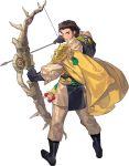  1boy arrow back beard bow_(weapon) brown_hair capelet claude_von_regan_(fire_emblem) earrings facial_hair fire_emblem fire_emblem:_fuukasetsugetsu full_body gloves green_eyes highres holding holding_weapon jewelry kurahana_chinatsu male_focus official_art solo weapon white_background 