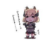  1girl afterimage animal_ear_fluff animal_ears azur_lane bangs black_footwear black_gloves black_jacket black_skirt blonde_hair boots breasts brown_eyes collared_shirt commentary_request cropped_jacket dog_ears dog_girl dog_tail ear_wiggle eyebrows_visible_through_hair fang full_body gloves grey_shirt hair_between_eyes hands_up headgear heart heart-shaped_pupils jacket kemonomimi_mode medium_breasts open_clothes open_jacket open_mouth paw_pose pleated_skirt roon_(azur_lane) shadow shirt skirt solo standing symbol-shaped_pupils tail tail_wagging translation_request u-non_(annon&#039;an) white_background 