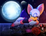  beauty_mark big_breasts breasts chiropteran cleavage clothed clothing death_egg english_text female flower full_moon hi_res lennonblack looking_at_viewer mammal moon one_eye_closed open_mouth plant rose_(flower) rouge_the_bat shadow_the_hedgehog solo sonic_(series) star text wings wink 