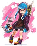  1girl bangs bike_shorts black_jacket black_shirt black_shorts blue_hair blunt_bangs closed_mouth commentary dated diagonal-striped_background diagonal_stripes domino_mask dual_wielding full_body harutarou_(orion_3boshi) highres holding holding_weapon hood hood_up ink_tank_(splatoon) inkling jacket light_frown long_hair looking_at_viewer mask miniskirt multicolored_footwear navy_blue_skirt open_clothes open_jacket paint_splatter pointy_ears print_jacket print_skirt purple_eyes shadow shirt shoes shorts shorts_under_skirt single_vertical_stripe skirt solo splatoon_(series) splatoon_2 standing standing_on_one_leg striped striped_background tentacle_hair tetra_dualies_(splatoon) twitter_username weapon 