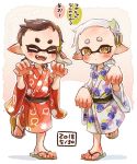  +_+ 2girls aori_(splatoon) black_hair blush brown_eyes child claw_pose closed_eyes commentary cousins dated domino_mask eighth_note facing_viewer fangs grey_hair hair_ornament harutarou_(orion_3boshi) hotaru_(splatoon) japanese_clothes kimono leg_up looking_at_viewer mask medium_hair mole mole_under_eye multiple_girls musical_note open_mouth pointy_ears print_kimono red_kimono sandals sash shadow short_hair smile splatoon_(series) splatoon_1 squid_pose standing standing_on_one_leg tentacle_hair translated very_short_hair white_kimono wide_sleeves younger 