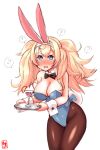  1girl ? absurdres alternate_costume animal_ears artist_logo black_neckwear blonde_hair blue_eyes blue_leotard blush bow bowtie breasts brown_legwear bunny_ears bunny_tail bunnysuit cameltoe cleavage commentary_request cowboy_shot cup dated detached_collar drinking_glass embarrassed gambier_bay_(kantai_collection) highres kanon_(kurogane_knights) kantai_collection large_breasts leaning_forward leotard nose_blush open_mouth pantyhose simple_background solo spoken_question_mark strapless strapless_leotard tail tearing_up tears tray twintails white_background wine_glass wrist_cuffs 