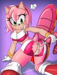  ! absurd_res after_sex amy_rose anthro anus blush bodily_fluids bottomwear clothing cum cum_in_ass cum_inside cum_string darkfang100 female genital_fluids gloves green_eyes handwear hi_res looking_back pussy shocked shorts solo sonic_(series) sonic_riders torn_clothing 