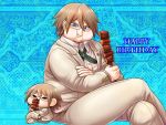  1boy :t blazer blue_background blue_eyes brown_hair character_doll collared_shirt crossed_arms crossed_legs danganronpa dress_shirt eating food food_on_face grey_ribbon happy_birthday holding holding_food invisible_chair jacket long_sleeves looking_at_viewer male_focus neck_ribbon pants ribbon semi-rimless_eyewear shirt sitting solo super_danganronpa_2 togami_byakuya_(super_danganronpa_2) under-rim_eyewear white-framed_eyewear white_jacket white_pants white_shirt wing_collar yumaru_(marumarumaru) 