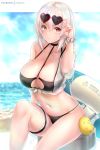  1girl :o artist_name azur_lane bangs bare_shoulders beach bikini black_bikini blurry bokeh breasts cleavage collarbone day depth_of_field eyewear_on_head hair_between_eyes hand_on_eyewear hand_up heart heart-shaped_eyewear innertube large_breasts light_rays looking_at_viewer manjuu_(azur_lane) navel ocean parted_lips red_eyes rei_kun scrunchie see-through sheer_clothes short_hair silver_hair sirius_(azur_lane) sirius_(midsummer_seirios)_(azur_lane) sitting solo stomach sunbeam sunglasses sunlight swimsuit thigh_strap thighs turret wrist_scrunchie 