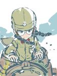  1girl 4suke bangs black_hair braid chi-hatan_military_uniform fukuda_(girls_und_panzer) girls_und_panzer glasses ground_vehicle highres long_hair military military_uniform military_vehicle motor_vehicle round_eyewear solo tank twin_braids twintails type_95_ha-gou uniform 