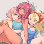  blonde_hair breasts cleavage closed_mouth commentary_request faris_scherwiz final_fantasy final_fantasy_v green_eyes hug krile_mayer_baldesion lenna_charlotte_tycoon long_hair looking_at_viewer medium_breasts medium_hair multiple_girls open_mouth pink_hair siblings simple_background sisters smile sunagimo_(nagimo) 