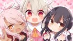  3girls black_hair blush chloe_von_einzbern dark_skin fate/kaleid_liner_prisma_illya fate_(series) feathers hair_feathers illyasviel_von_einzbern long_hair looking_at_viewer magical_girl miyu_edelfelt multiple_girls no_nose open_mouth orange_eyes pink_hair prisma_illya red_eyes round_teeth shio_kuzumochi silver_hair smile teeth upper_body upper_teeth yellow_eyes 