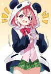  1girl :d ^^^ absurdres animal_ears animal_hood bow bowtie buttons commentary_request cowboy_shot crossed_bangs dot_nose earrings fang gesture_request green_skirt hair_between_eyes highres hood hood_up hooded_jacket hutaba_haru jacket jewelry light_blush looking_at_viewer miniskirt nijisanji open_clothes open_jacket open_mouth panda_ears panda_hood pink_eyes pink_hair pink_shirt plaid_clothes plaid_skirt pleated_skirt red_bow sasaki_saku sasaki_saku_(1st_costume) shirt short_hair skirt sleeves_past_wrists smile solo virtual_youtuber white_jacket 