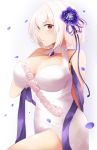  1girl alternate_costume arm_behind_back azur_lane bangs bare_shoulders blush breasts cleavage dress eyebrows_visible_through_hair eyelashes flower gradient gradient_background grey_background hair_between_eyes hair_flower hair_ornament hair_ribbon halter_dress hand_on_own_chest hand_up highres itete large_breasts leg_up looking_at_viewer parted_lips petals pink_flower pink_rose profile purple_flower purple_ribbon red_eyes ribbon rose sapphire_(gemstone) short_hair sirius_(azur_lane) sirius_(white_rose)_(azur_lane) sleeveless sleeveless_dress solo thighs white_background white_dress white_hair 