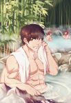  3boys abs arash_(fate) bamboo beard black_hair brown_hair chest facial_hair fate/grand_order fate_(series) highres male_focus multiple_boys muscle napoleon_bonaparte_(fate/grand_order) onsen red_hair rider_(fate/zero) rock smile teeth towel towel_around_neck yaosan233 