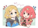  2girls bangs blonde_hair blush braid breasts cape covered_navel crown_braid earrings fingerless_gloves gem gloves green_eyes hair_ornament hairclip headpiece homura_(xenoblade_2) jewelry large_breasts mochimochi_(xseynao) multiple_girls pointy_ears princess_zelda red_eyes red_hair short_hair shorts shoulder_armor smile swept_bangs the_legend_of_zelda the_legend_of_zelda:_breath_of_the_wild the_legend_of_zelda:_breath_of_the_wild_2 thick_eyebrows tiara xenoblade_(series) xenoblade_2 