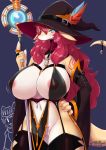  5_fingers anthro areola big_breasts black_background bodily_fluids breasts chinese_text clothing curvaceous dragon english_text female garter_straps genital_fluids hair hat headgear headwear hi_res huge_breasts kemono looking_at_viewer nipple_outline nipples pussy pussy_juice red_hair simple_background smile solo staff text thick_thighs translucent translucent_clothing witch_hat wolflong 