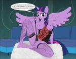  anthro breasts clothing corset equid fab3716 female fishnet french_text friendship_is_magic hooves horn lingerie mammal my_little_pony nipples pussy riding_crop rubber sofa solo text translated twilight_sparkle_(mlp) whip winged_unicorn wings 