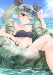  1girl adjusting_eyewear anchovy arm_up bandeau bangs bare_arms bare_shoulders bikini_skirt black-framed_eyewear black_ribbon blue_sky blush breasts cleavage cloud collarbone commentary_request crossed_legs day drill_hair eyebrows_visible_through_hair eyewear_on_head feet_out_of_frame girls_und_panzer green_hair grin hair_between_eyes hair_ribbon horizon innertube long_hair miri_(ago550421) navel ocean one_eye_closed outdoors red_eyes ribbon sky small_breasts smile solo stomach strapless strapless_bikini sunglasses thighs twin_drills twintails water 