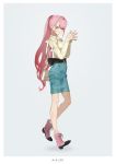  1girl bag bangs boots border bow bracelet earrings fingers_together grey_background highres jewelry long_hair looking_at_viewer neco original pink_footwear pink_hair ponytail profile silver_eyes simple_background skirt smile solo walking white_border 