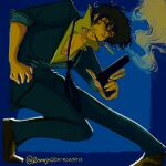  1boy blue_background cigarette cowboy_bebop formal_clothes gun highres holding holding_gun holding_weapon messy_hair revengefulperspective shirt smoking solo spike_spiegel weapon yellow_shirt 