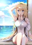  1girl arm_up bare_shoulders black-framed_eyewear blonde_hair blue_sky breasts cloud cloudy_sky commentary_request competition_swimsuit day fate/grand_order fate_(series) fingernails glasses hand_in_hair high_ponytail highres holding holding_eyewear horizon iroha_(shiki) jacket jeanne_d&#039;arc_(fate)_(all) jeanne_d&#039;arc_(swimsuit_archer) large_breasts long_hair ocean off_shoulder one-piece_swimsuit open_clothes open_jacket outdoors ponytail sitting sky solo swimsuit very_long_hair water whistle whistle_around_neck white_jacket white_swimsuit 