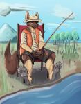 2024 absurd_res anthro bottomwear brown_body brown_fur brown_hair claws clothed clothing double_claw eye_scar facial_scar feet fishing fishing_rod fluffy foot_focus full_pad fur grey_pawpads grey_soles gulonine hair hi_res hybrid kangaroo macropod male mammal marsupial marten mustelid musteline orange_eyes padded_palms pawpads paws plantigrade ra&#039;zim rdy sable_(marten) scar shirt shorts t-shirt tail tan_body tan_fur topwear vest zgf_art zgf_gaming
