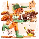  ! 1girl bangs baseball_cap blunt_bangs boots check_translation closed_eyes commentary dated eighth_note fangs gloves green_footwear green_gloves green_headwear grizco_blaster_(splatoon) harutarou_(orion_3boshi) hat holding holding_weapon inkling lifebuoy logo long_hair musical_note open_mouth orange_hair orange_overalls overalls paint_splatter pointy_ears print_hat rubber_boots rubber_gloves running salmon_run salmonid smile solo splatoon_(series) splatoon_2 spoken_exclamation_mark tentacle_hair translation_request weapon 