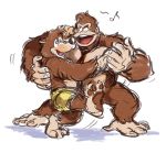  2019 3_toes 5_fingers anthro ape banjo-kazooie banjo_(banjo-kazooie) bottomwear brown_fur clothed clothing colored_sketch dancing donkey_kong_(character) donkey_kong_(series) duo fur gorilla happy hi_res male mammal musical_note necktie nintendo primate rareware shorts simple_background skebebbb smile toes topless ursid video_games white_background 