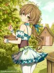  1girl bangs bare_shoulders basket blue_sky blush breasts brown_hair character_request closed_mouth cloud cloudy_sky commentary_request day detached_sleeves door dress eyebrows_visible_through_hair green_dress green_eyes green_ribbon green_sleeves hair_between_eyes hair_ribbon head_tilt house long_hair looking_at_viewer looking_back low_ponytail outdoors pantyhose plaid plaid_dress plaid_ribbon ponytail puffy_short_sleeves puffy_sleeves ribbon short_sleeves sky sleeveless sleeveless_dress small_breasts smile solo standing teikoku_senki very_long_hair watermark white_legwear window wrist_cuffs yuuki_rika 