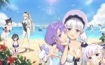  ahoge animal_ears ark_royal_(azur_lane) atago_(azur_lane) azur_lane bald_eagle bangs beach belchan_(azur_lane) belfast_(azur_lane) bikini bird black_hair black_swimsuit blue_eyes bow breasts brown_hair cleavage eagle enterprise_(azur_lane) extra_ears eyebrows_visible_through_hair graf_zeppelin_(azur_lane) hair_ornament hairband hat illustrious_(azur_lane) large_breasts long_hair lueluelue-lue mole mole_under_eye multiple_girls navel_cutout ning_hai_(azur_lane) object_hug ocean open_mouth ping_hai_(azur_lane) purple_eyes purple_hair ribbon short_hair silver_hair strapless stuffed_alicorn stuffed_animal stuffed_toy sun_hat swept_bangs swimsuit twintails unicorn_(azur_lane) very_long_hair white_bikini white_bow white_hair white_headwear white_ribbon younger 