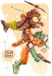  !? 1girl baseball_cap boots carrying commentary_request dated domino_mask flying from_side frown gloves green_footwear green_gloves green_headwear grimace harutarou_(orion_3boshi) hat highres holding holding_weapon inkling lifebuoy long_sleeves mask medium_hair n-zap_(splatoon) orange_eyes orange_overalls overalls paint_splatter pointy_ears ponytail print_hat propeller_hat rubber_boots rubber_gloves salmon_run salmonid shirt splatoon_(series) splatoon_2 spoken_interrobang sweatdrop tentacle_hair weapon white_shirt 