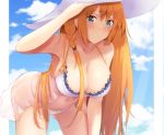  1girl all_fours armpits ass_visible_through_thighs bare_shoulders bikini blue_eyes blue_sky blush braid breasts cleavage cloud cloudy_sky collarbone hand_on_headwear hand_up itete large_breasts large_hat long_hair navel orange_hair outdoors parted_lips pecorine princess_connect! princess_connect!_re:dive round_teeth see-through side_braid sky smile solo swimsuit teeth thighs white_bikini white_headwear 