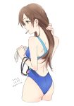  1girl 2017 ass blue_swimsuit brown_eyes brown_hair competition_swimsuit cropped_legs dated demirinz from_behind holding idolmaster idolmaster_cinderella_girls long_hair mouth_hold nitta_minami one-piece_swimsuit simple_background sketch solo standing swimsuit very_long_hair white_background 