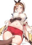  1girl atelier_(series) atelier_ryza blush breasts brown_eyes brown_gloves brown_hair closed_mouth gloves hair_ornament hairclip hat highres large_breasts midriff navel red_shorts reisalin_stout shirosaba short_hair short_shorts shorts simple_background single_glove solo_focus thigh_gap thigh_grab thighhighs thighs white_background white_headwear white_legwear 