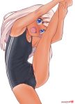  1girl armpits arms_up bare_shoulders blue_eyes blue_swimsuit blush breasts collarbone eyebrows_visible_through_hair hair_between_eyes highres holding kantai_collection leg_up legs long_hair looking_at_viewer mu-pyon old_school_swimsuit one-piece_swimsuit one-piece_tan open_mouth ro-500_(kantai_collection) school_swimsuit simple_background small_breasts smile solo split standing standing_on_one_leg standing_split stretch swimsuit tan tanline thighs white_background white_hair 
