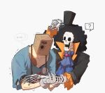  2boys ? adjusting_clothes adjusting_headwear afro arm_up ascot bag bag_on_head bare_pectorals black_coat black_hair blue_ascot blue_shirt brook_(one_piece) coat collarbone collared_coat commentary_request cropped_torso crossover faust_(guilty_gear) frilled_sleeves frills gloves guilty_gear guilty_gear_strive hannim_7h hat holding_another's_arm image_in_thought_bubble korean_commentary male_focus mini_hat mini_top_hat multiple_boys one_eye_covered one_piece paper_bag pectorals popped_collar shirt short_sleeves skeleton speech_bubble stethoscope stethoscope_around_neck stitched_torso stitches sweat sweatdrop thought_bubble top_hat two-sided_coat two-sided_fabric white_gloves 