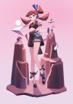  1girl appi bangs bird black_footwear blunt_bangs full_body giantess highres house looking_at_viewer midriff mountain original pink_background pink_theme shadow short_sleeves simple_background solo standing sun tree twintails 
