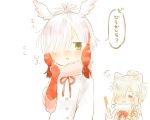  2girls =3 alpaca_ears alpaca_suri_(kemono_friends) alternate_hairstyle animal_ears bangs bird_wings blush comb commentary elbow_gloves flying_sweatdrops fur_collar fur_trim gloves green_eyes hair_bun hair_over_one_eye hair_tubes head_wings japanese_crested_ibis_(kemono_friends) kemono_friends long_sleeves matching_hairstyle moeki_(moeki0329) multiple_girls neck_ribbon nose_blush red_gloves red_hair ribbon scissors shirt short_hair translation_request vest white_hair white_shirt wings 