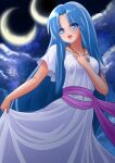  1girl ancient_ys_vanished blue_eyes blue_hair clothes_lift cloud dress dress_lift feena_(ys) highres jewelry long_hair looking_at_viewer moon mtak46597821 necklace night night_sky open_mouth parted_bangs short_sleeves sky smile solo star_(sky) starry_sky very_long_hair white_dress ys 